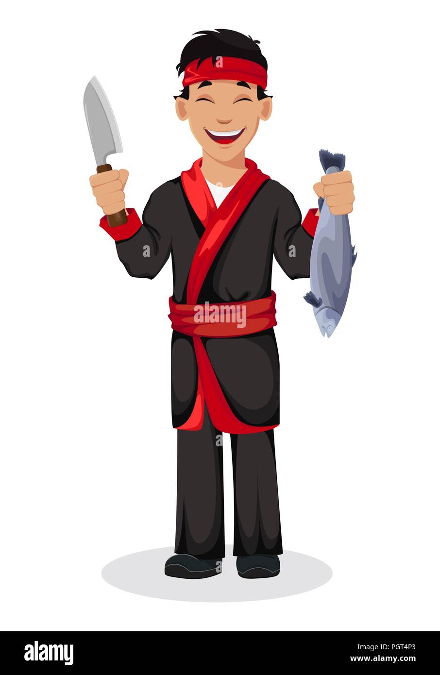 Japanese chef cooking sushi rolls. Handsome cartoon character holding