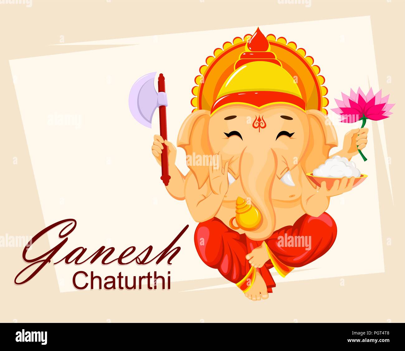 Happy Ganesh Chaturthi, traditional Indian festival. Sitting Lord Ganesha  holding axe and flower, cartoon style. Vector illustration on abstract  backg Stock Vector Image & Art - Alamy