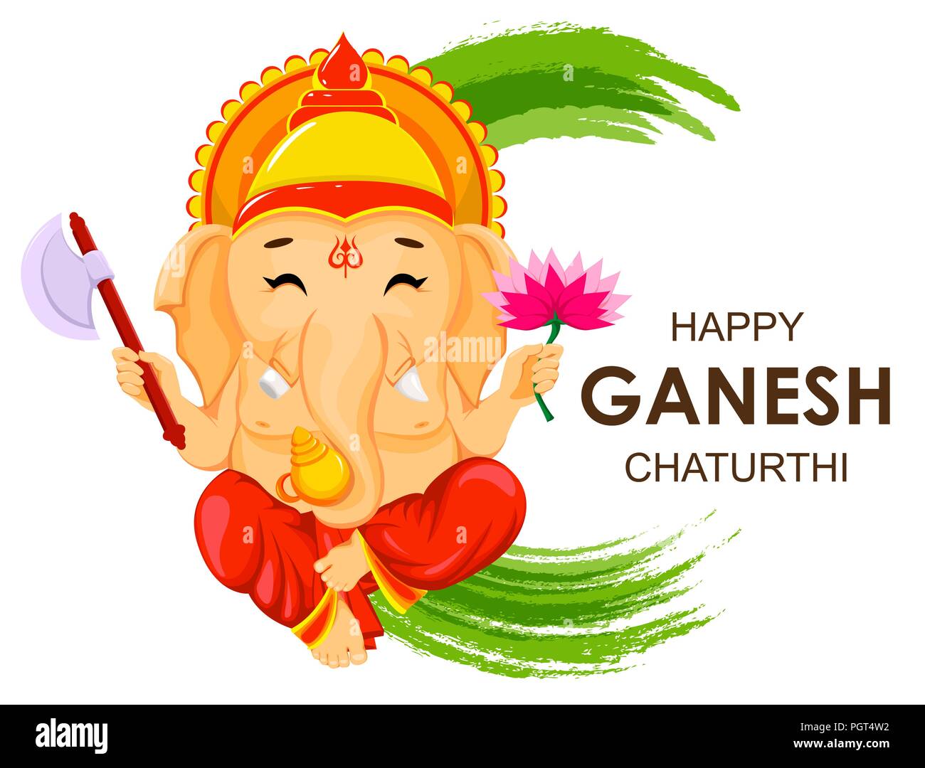 Happy Ganesh Chaturthi greeting card for traditional Indian festival. Sitting Lord Ganesha with flower and axe, cartoon style. Vector illustration. Stock Vector