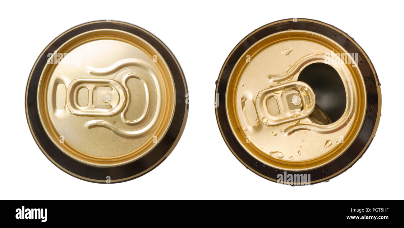 Two closed and opened golden beer cans isolated on white background, top view Stock Photo