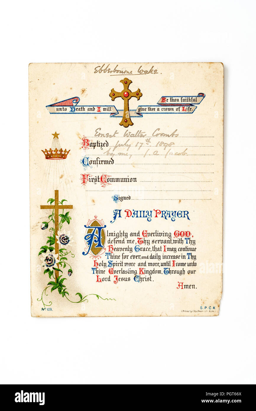 Church record card for Ernest Walter Coombs baptised 17th July 1898 Stock Photo