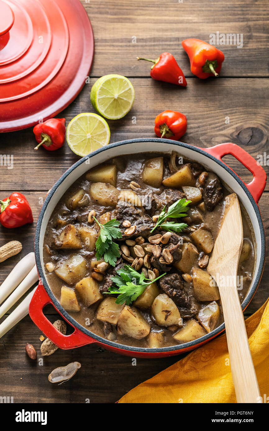 Thai massaman curry with beef and potato, top view copy space Stock Photo
