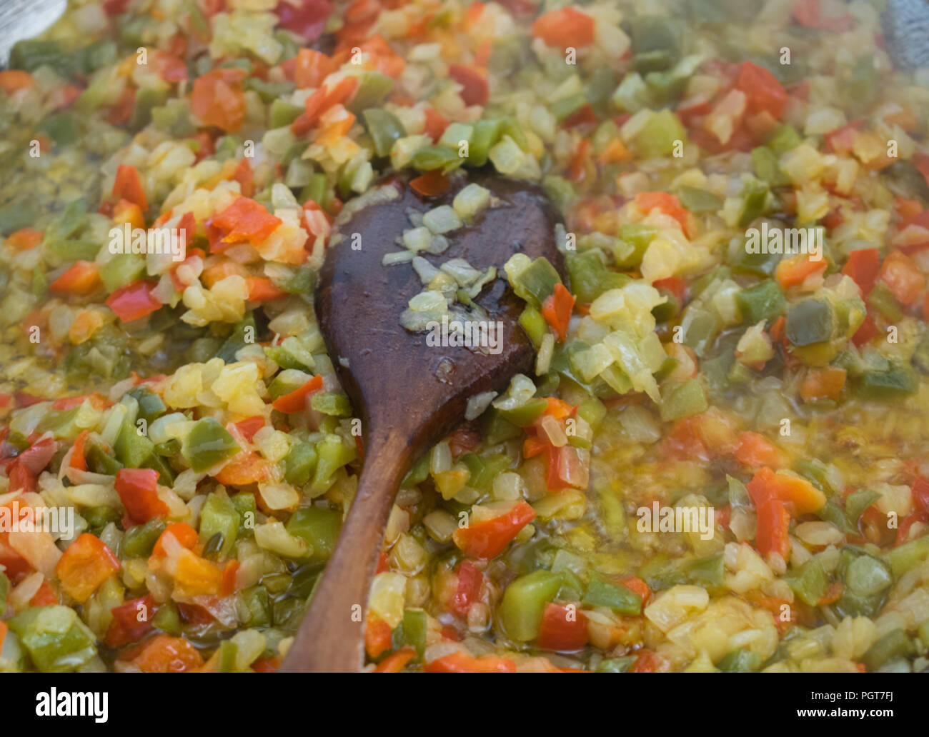Stir-fried red pepper, green and onion Stock Photo