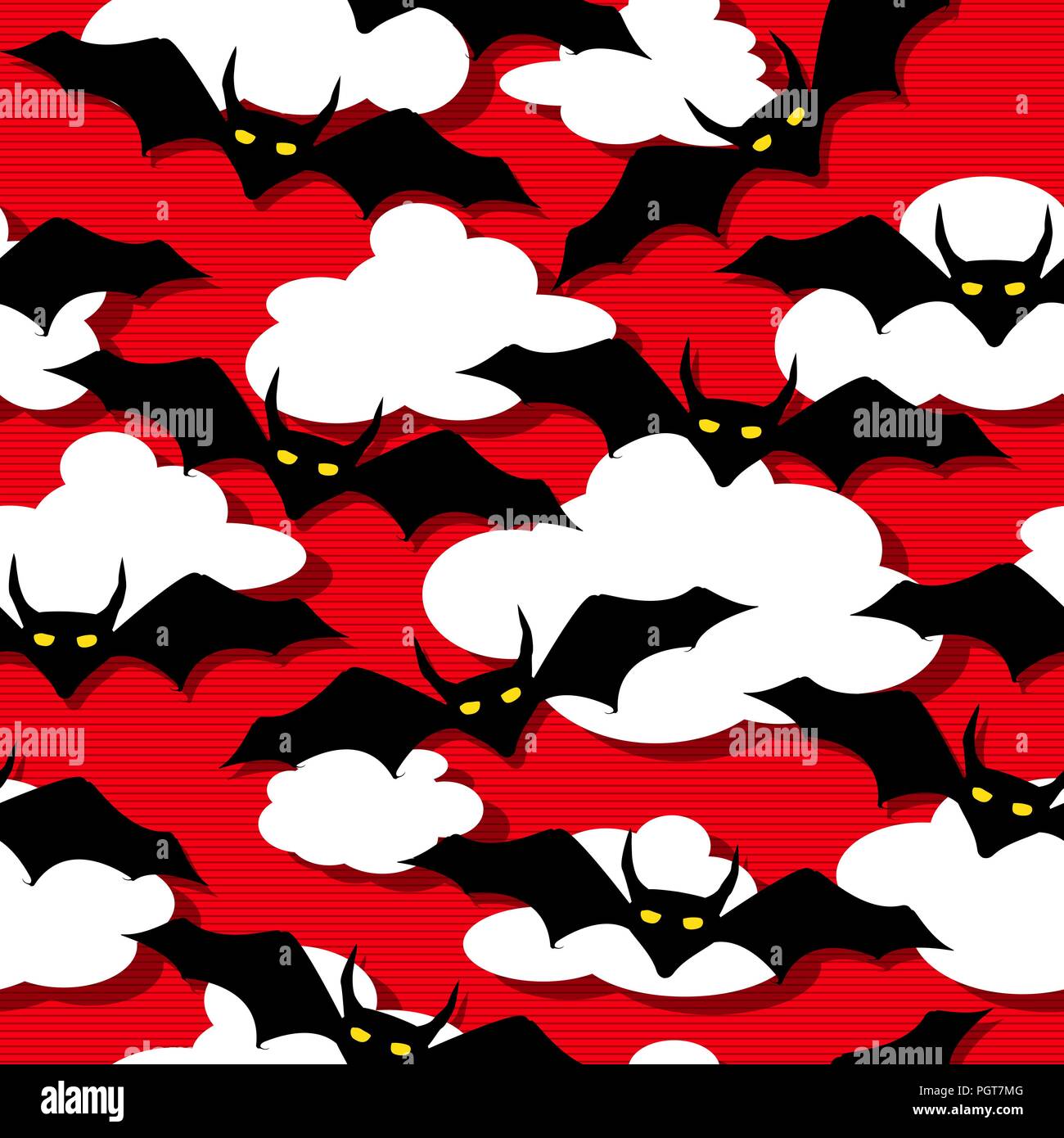 Bats flying through the clouds, Halloween seamlesss pattern. Stock Vector