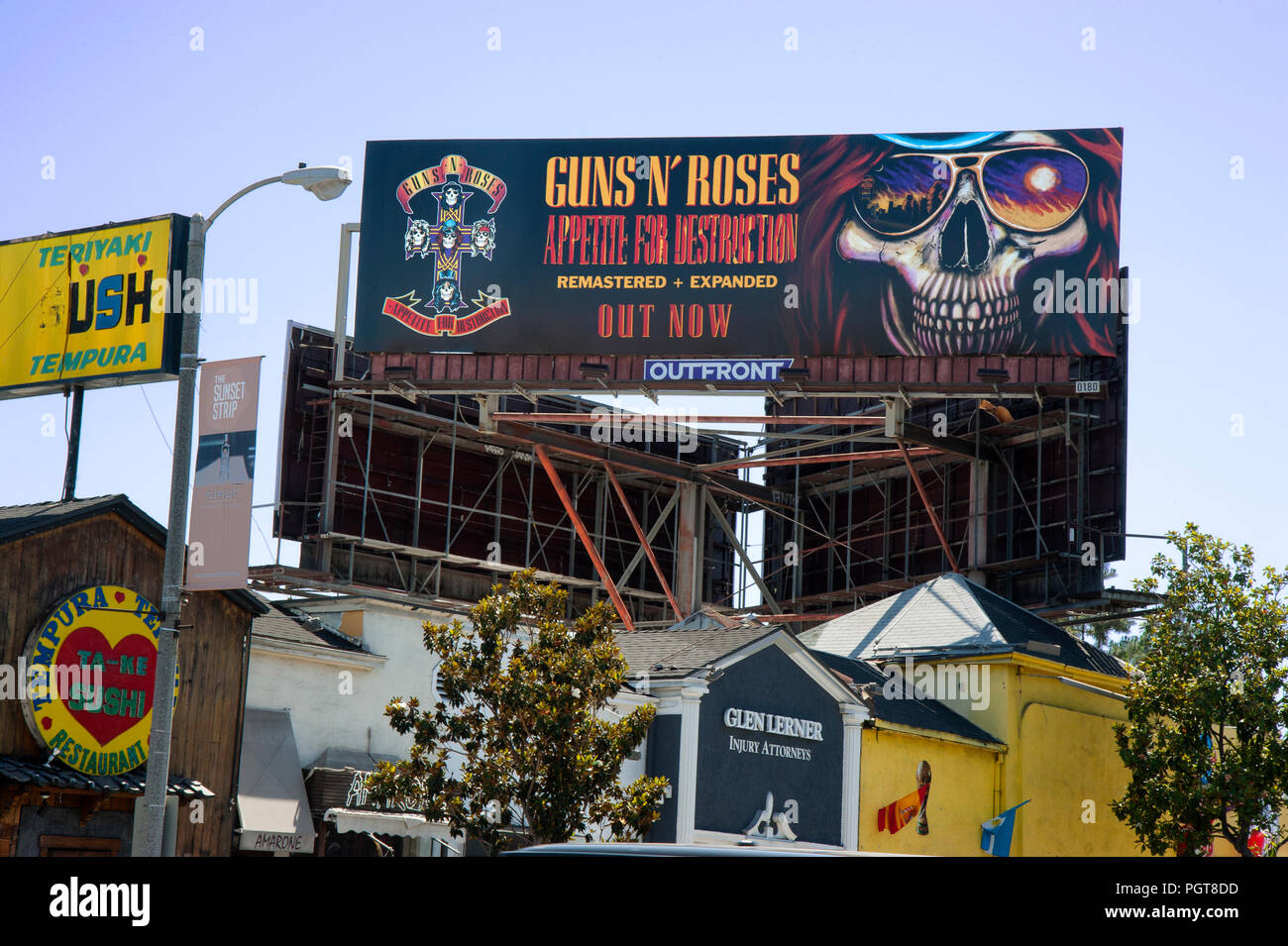 Billboard promoting rock band Guns N roses on the Sunset Strip in Los Angeles, CA Stock Photo