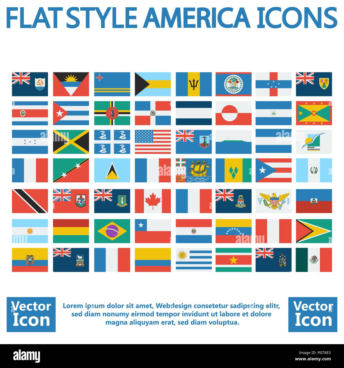 Flat style American continent icon flags set Stock Vector