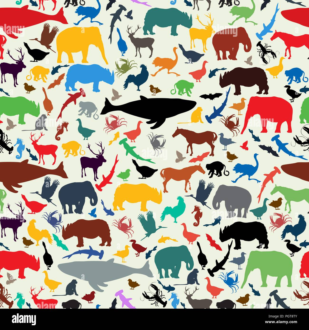 Wild life animal silhouettes  seamless pattern design in retro style colors Stock Vector