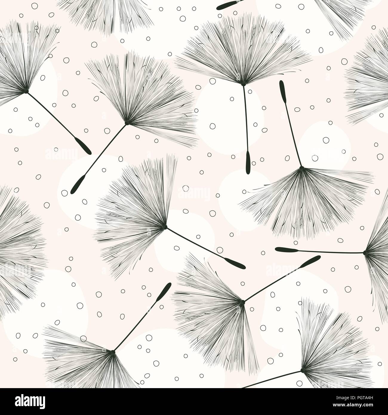Whimsical pattern with flying dandelions on a light background Stock Vector