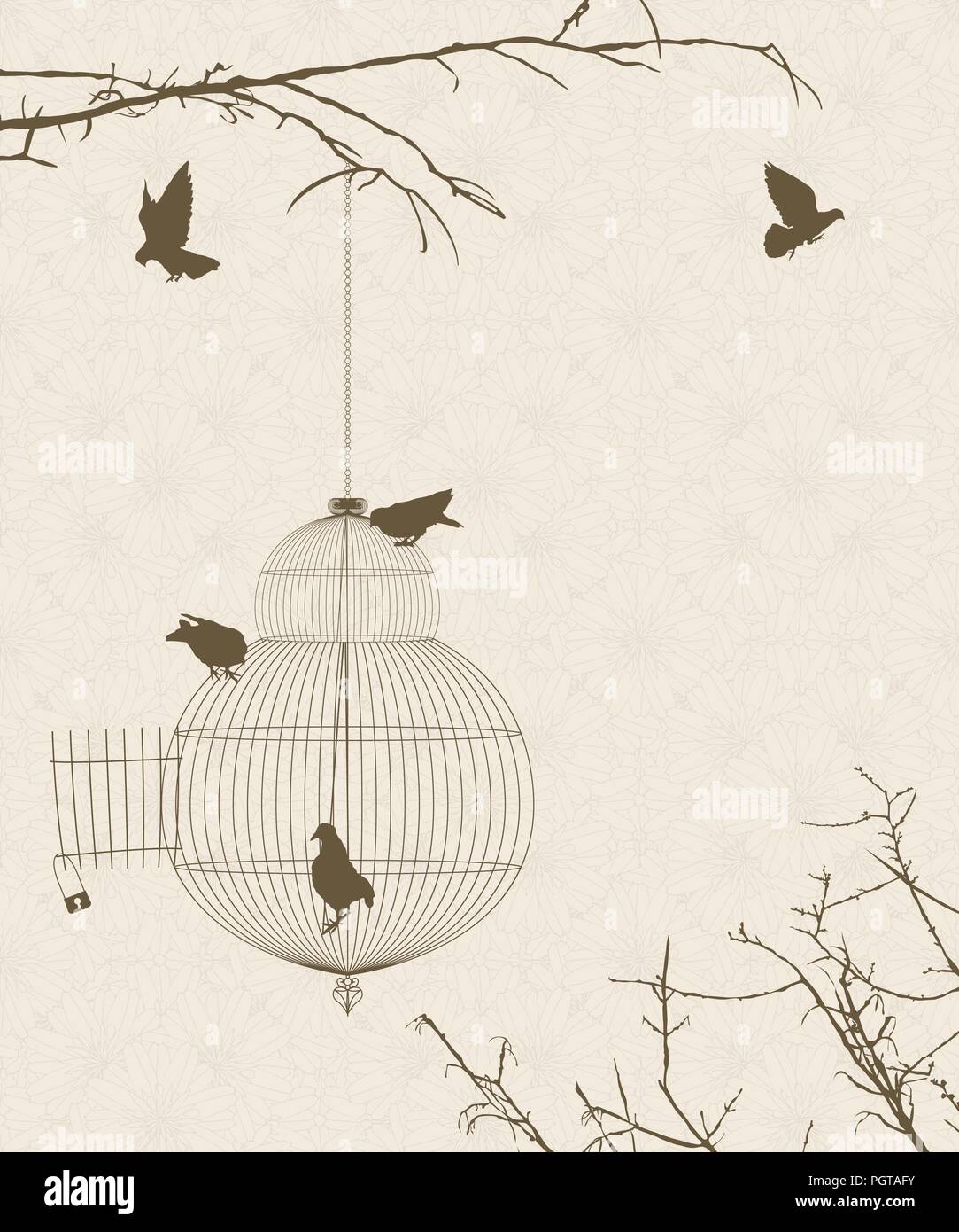 Vintage style card with bird silhouettes and birdcage Stock Vector ...