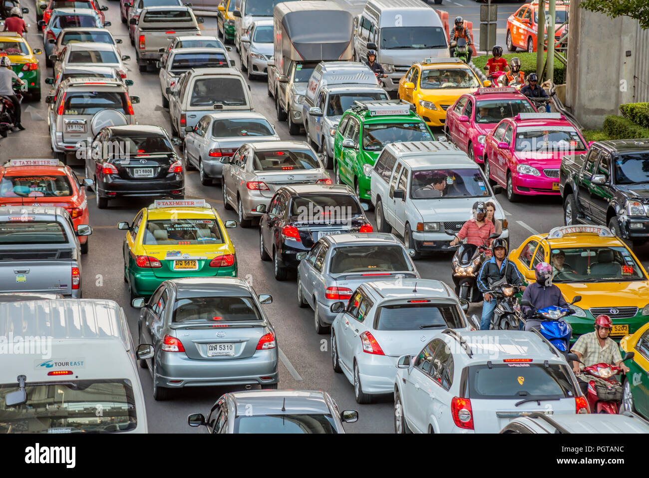 Streetscape with traffic jam in the city centre of Bangkok, Thailand Stock Photo