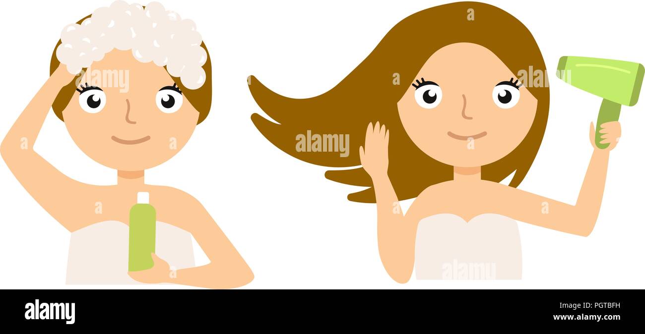 Pretty woman soaping her head on white background set .File Stock Vector