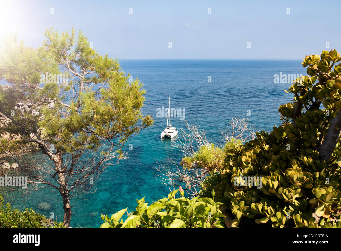 sailboat on turquoise mediterranean sea  Stock Photo