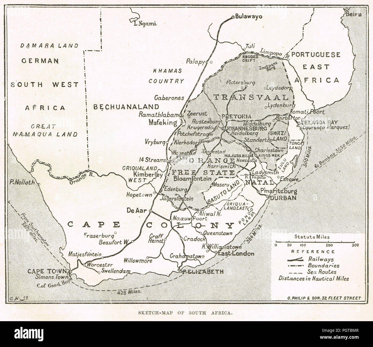 Sketch map of South Africa, Circa 1899.  Pre second Boer war Stock Photo