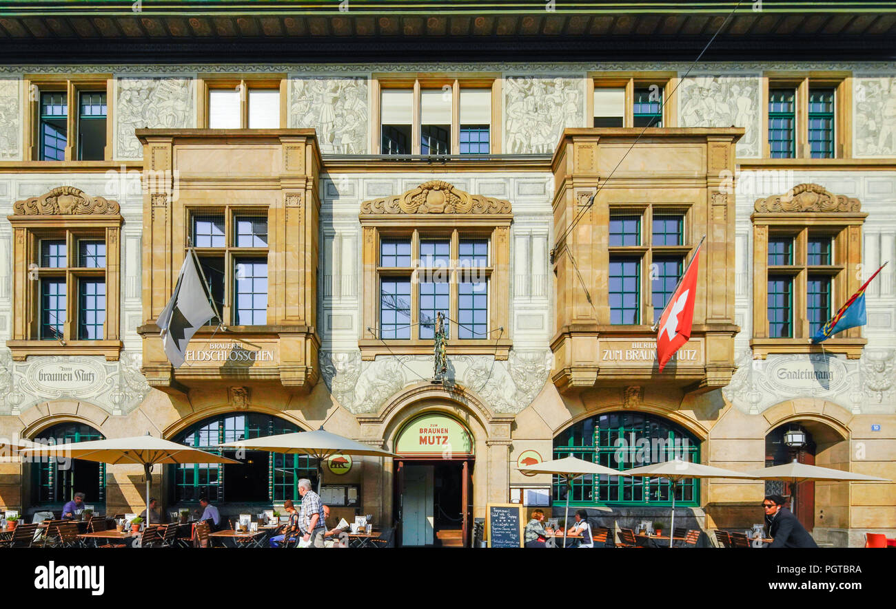 Brauerei Feldschlosschen and  Braunen Mutz restaurant by Barfüsserplatz in Basel, Switzerland. Stock Photo