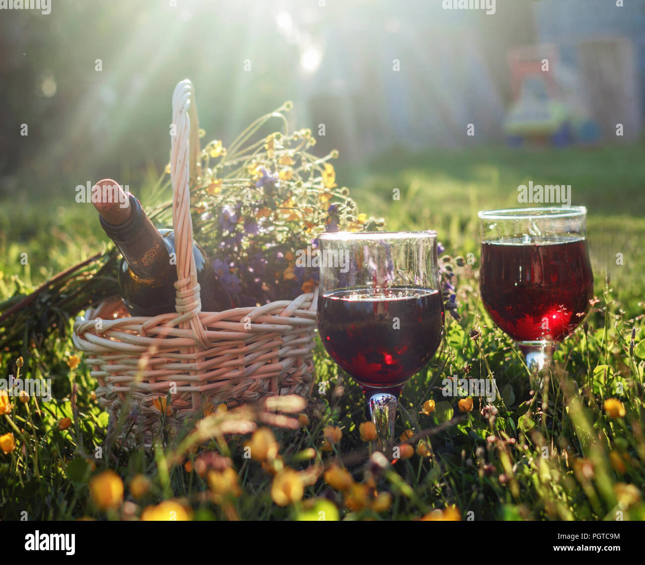 Red wine in glasses in happy sunny meadow Stock Photo