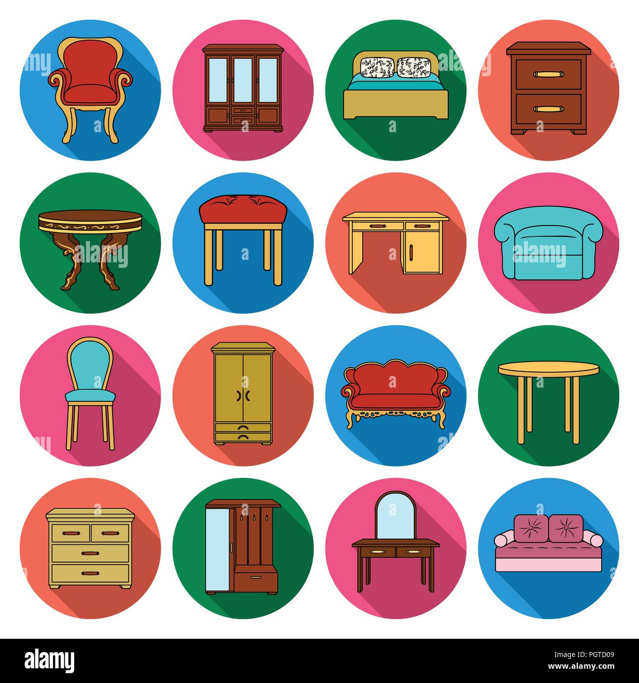Furniture and interior flat icons in set collection for design.Home furniture vector symbol stock  illustration. Stock Vector