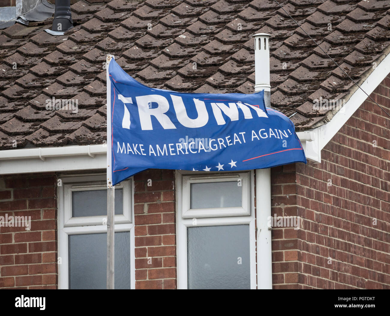 Donald Trump 'Make America Great Again' flag flying outside council house in north east England. UK Stock Photo
