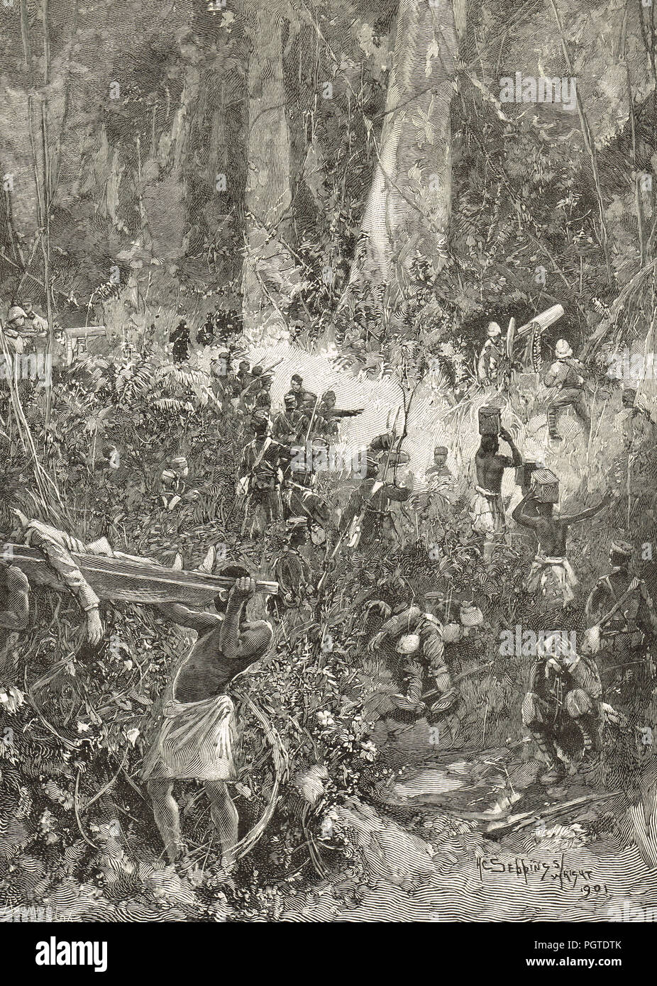 A fight in the Forest , Ashanti war of 1900,  5th Anglo-Ashanti war, also known as the War of the Golden Stool Stock Photo