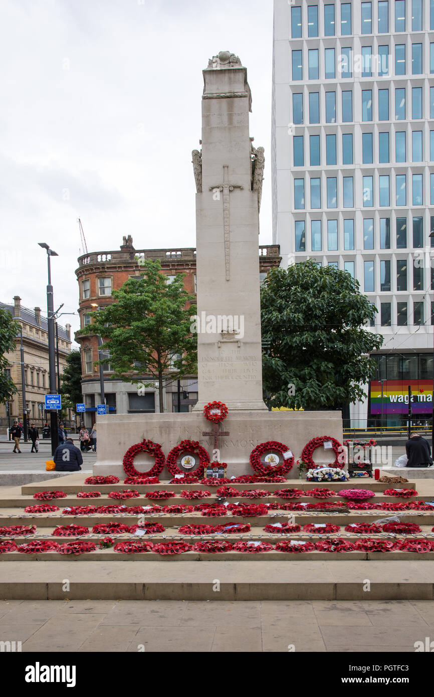 Manchester war memorial cenotaph in St Peters Square Manchester England designed by Sir Edward Luytens erected 1924 moved to present site in 2014. Stock Photo