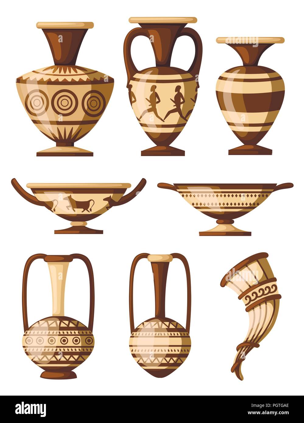 Greek pottery icon collection. Amphora with patterns, rhyton, kylix. Greek or roman culture. Brown color and patterns. Flat vector illustration isolat Stock Vector