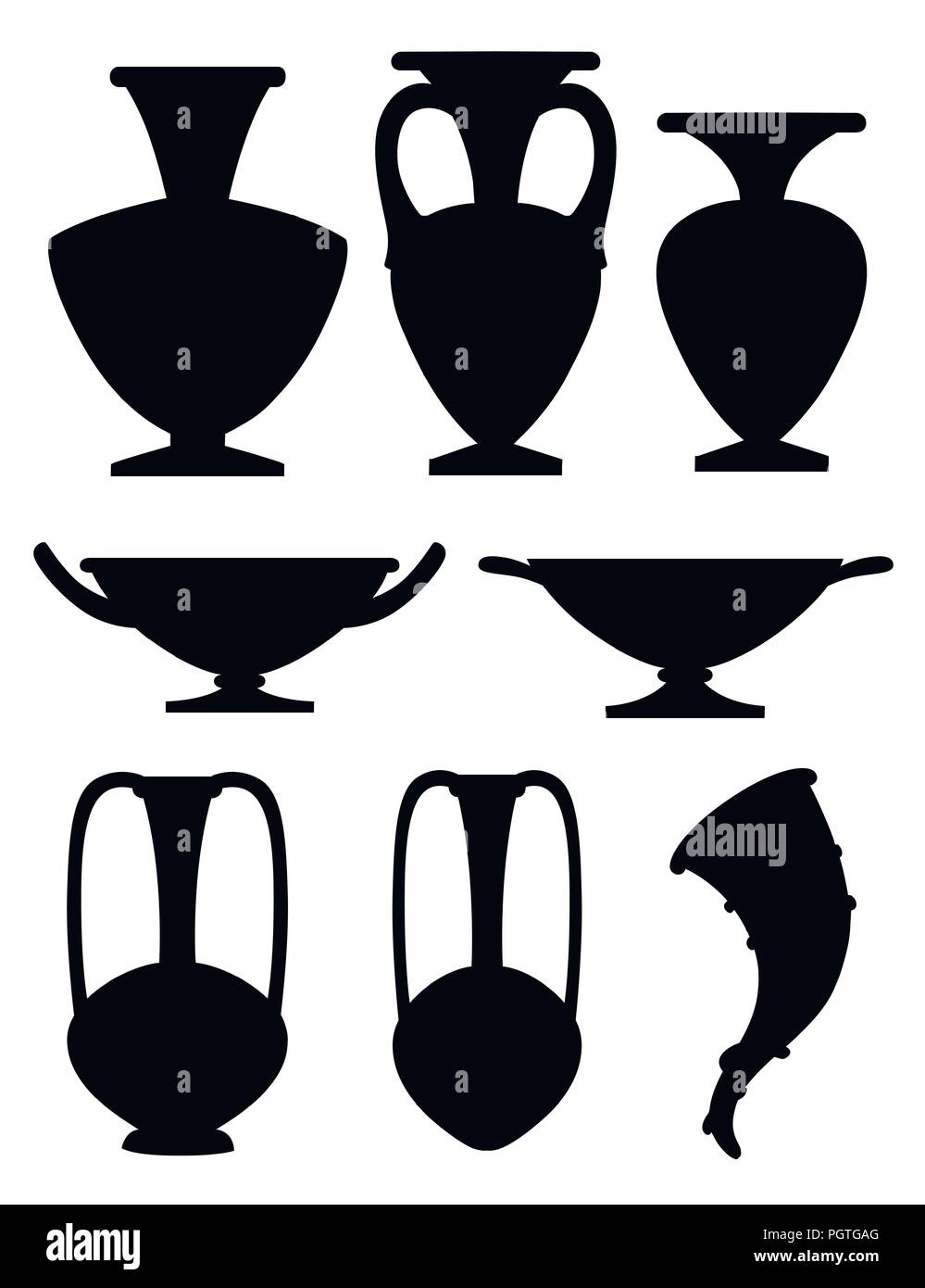 Black silhouette. Greek pottery icon collection. Amphora, rhyton, kylix. Greek or roman culture. Flat vector illustration isolated on white background Stock Vector