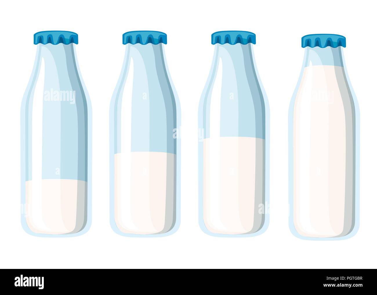 Traditional glass milk bottle. Four milk bottles template. Flat vector illustration isolated on white background. Stock Vector