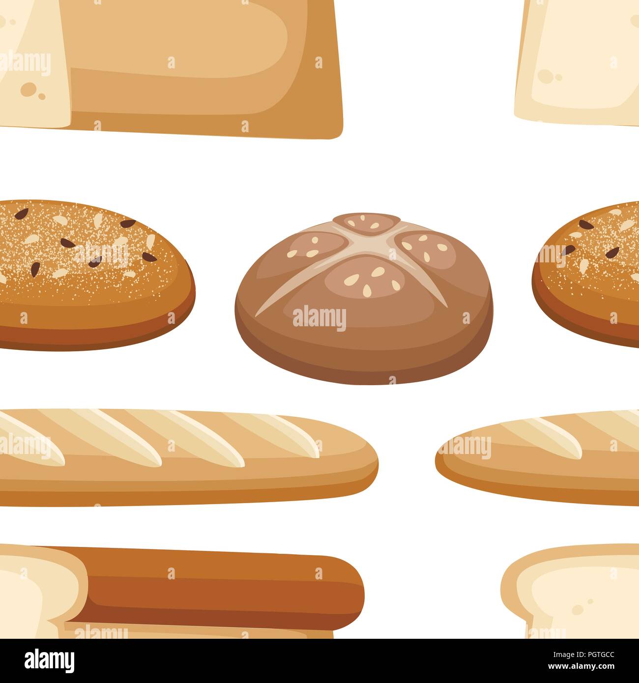 Seamless pattern. Group of bakery bread. Wheat bread, french baguette, ciabatta, toast bread. Flat vector illustration on white background. Stock Vector