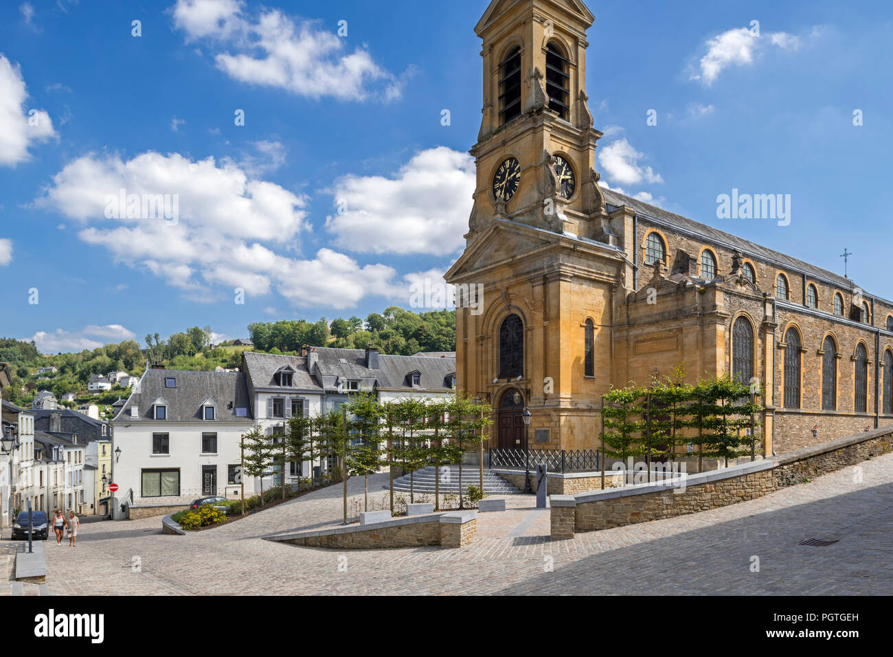 The Neoclassical Saint Peter and Paul's church / Église Saints-Pierre-et-Paul in the city Bouillon, Luxembourg Province, Belgian Ardennes, Belgium Stock Photo