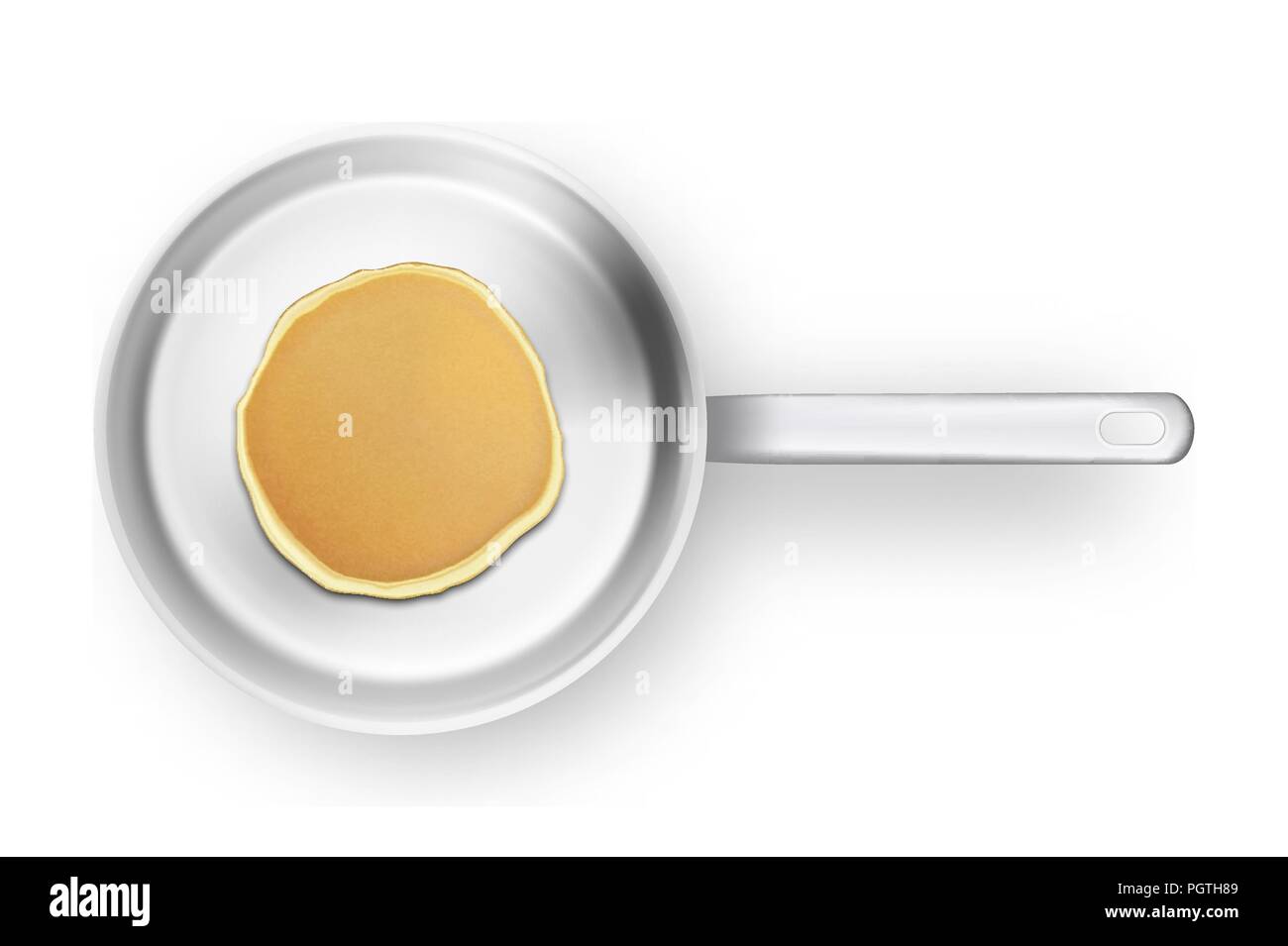 Realistic pancake in the frying pan closeup isolated on white background, top view. Design template for breakfast, food menu and homestyle concept Stock Vector