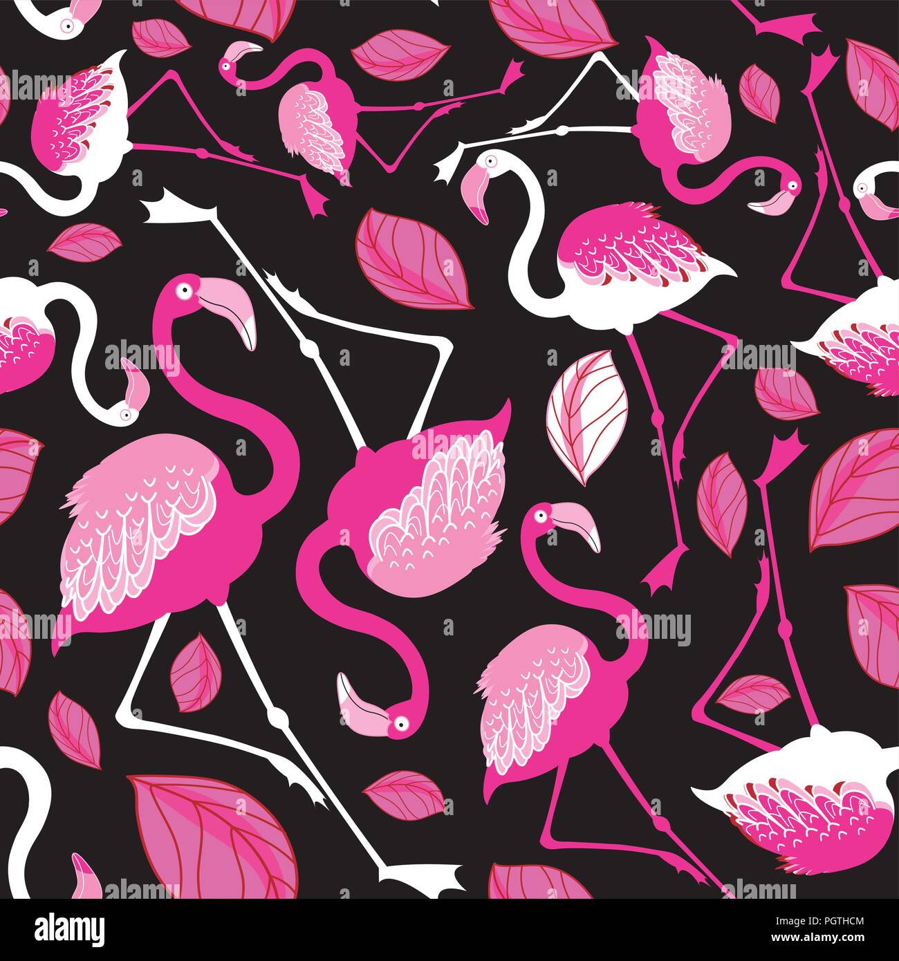 Seamless floral pattern with foliage and pink flamingos on a black ...