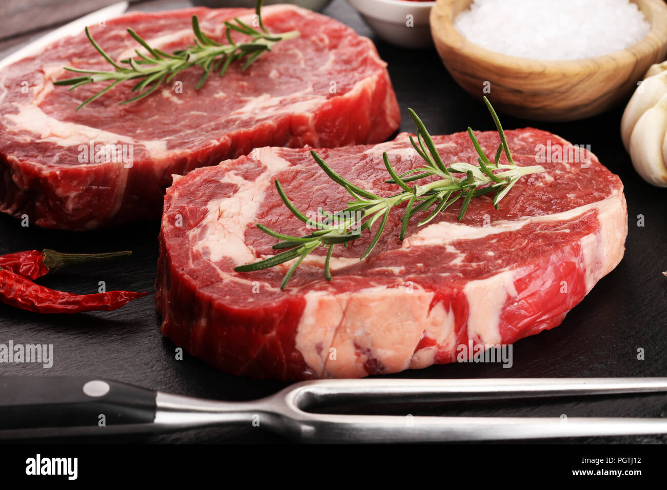 Steak raw. Barbecue Rib Eye Steak, dry Aged Wagyu Entrecote Steak Stock