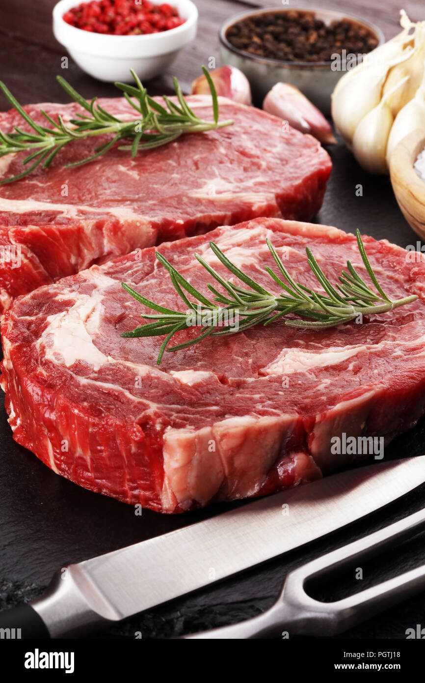 Steak raw. Barbecue Rib Eye Steak, dry Aged Wagyu Entrecote Steak Stock