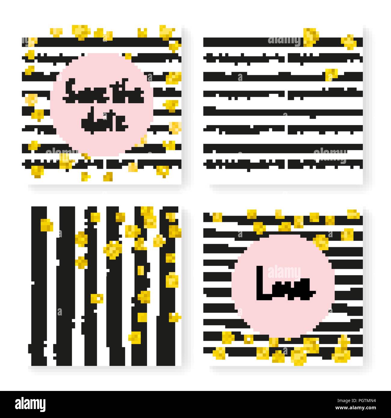 Wedding glitter confetti on stripes, invitation set Stock Vector