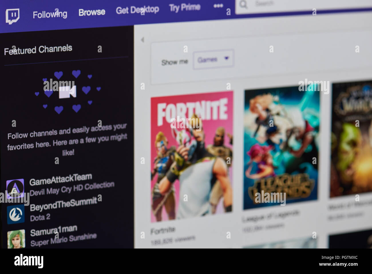 New york, USA - august 28, 2018: Twitch game stram service on laptop screen background close up view Stock Photo