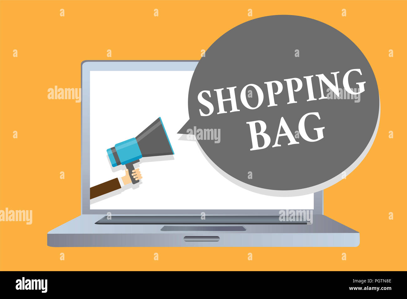 Word writing text Shopping Bag. Business concept for Containers for carrying personal possessions or purchases Man holding megaphone loudspeaker speec Stock Photo