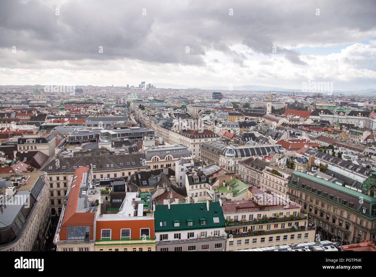An aerial view of Vienna Austria from the top of the Stephansdom church. Stock Photo