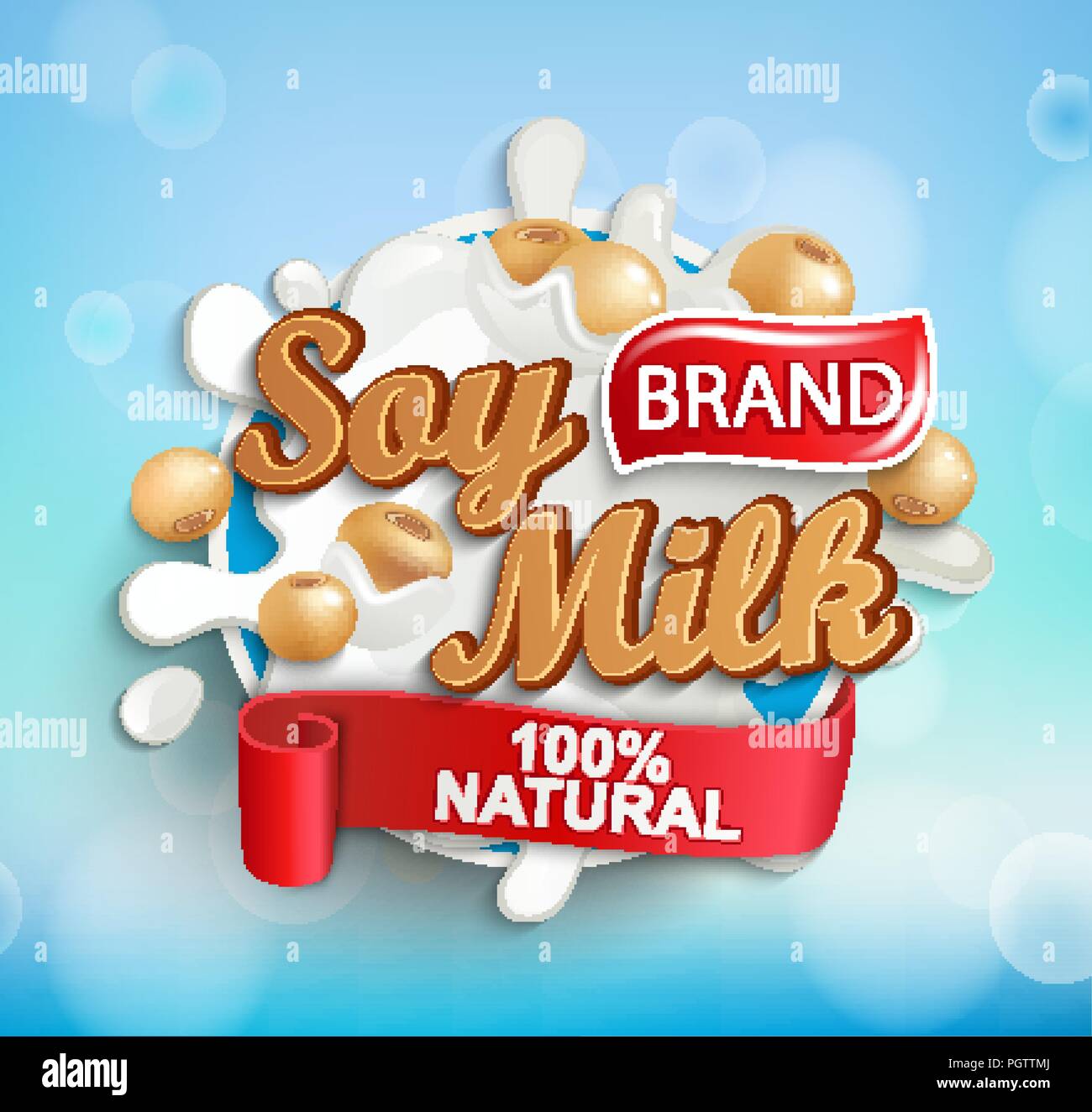 Natural and fresh soy milk label splash on blue bokeh background for your brand, logo, template, label, emblem for groceries, stores, packaging and advertising, marketing. Vector illustration. Stock Vector
