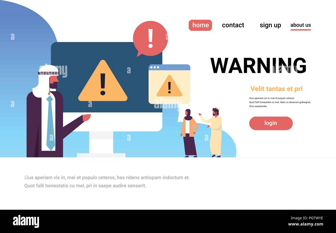 arabic businessman problem solution warning danger piracy error concept business people cartoon character flat horizontal copy space Stock Vector