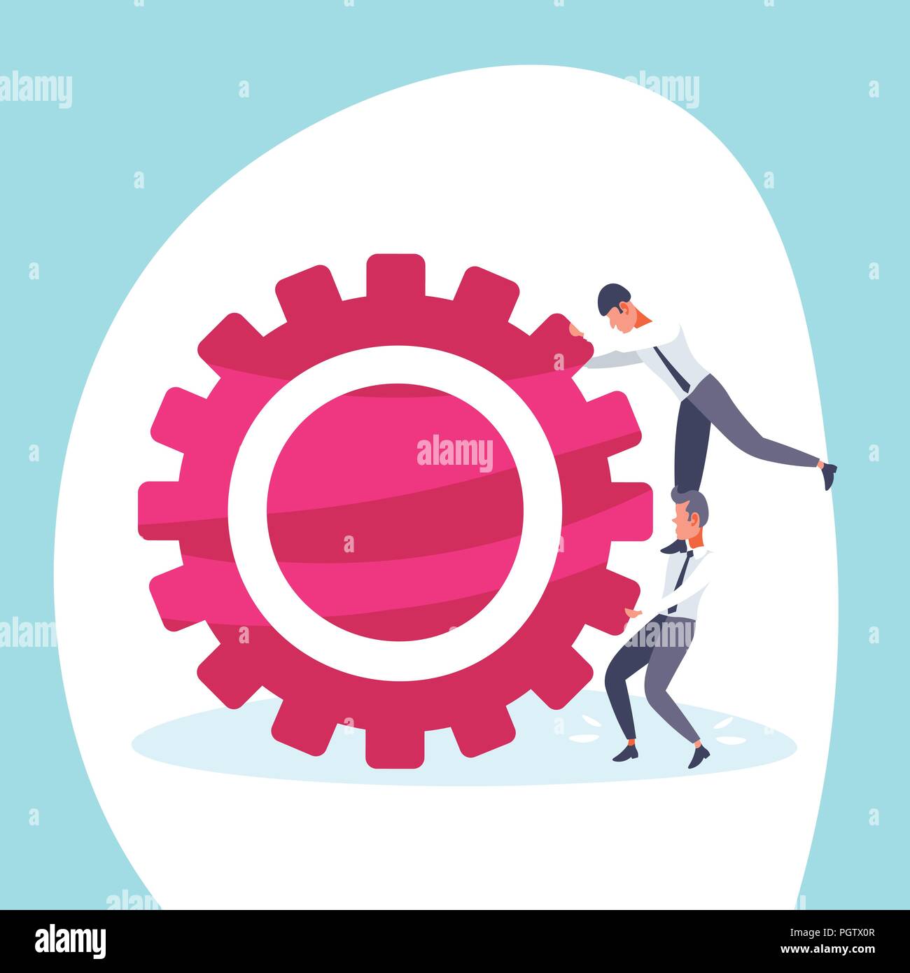 two businessmen pushing cogwheel hardworking process concept gear wheel icon teamwork business men cartoon character flat Stock Vector