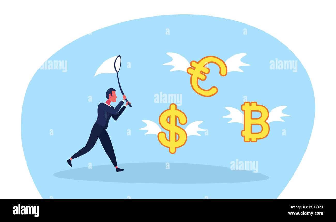 Businessman Holding Butterfly Net Catch Dollar Euro Bitcoin - 