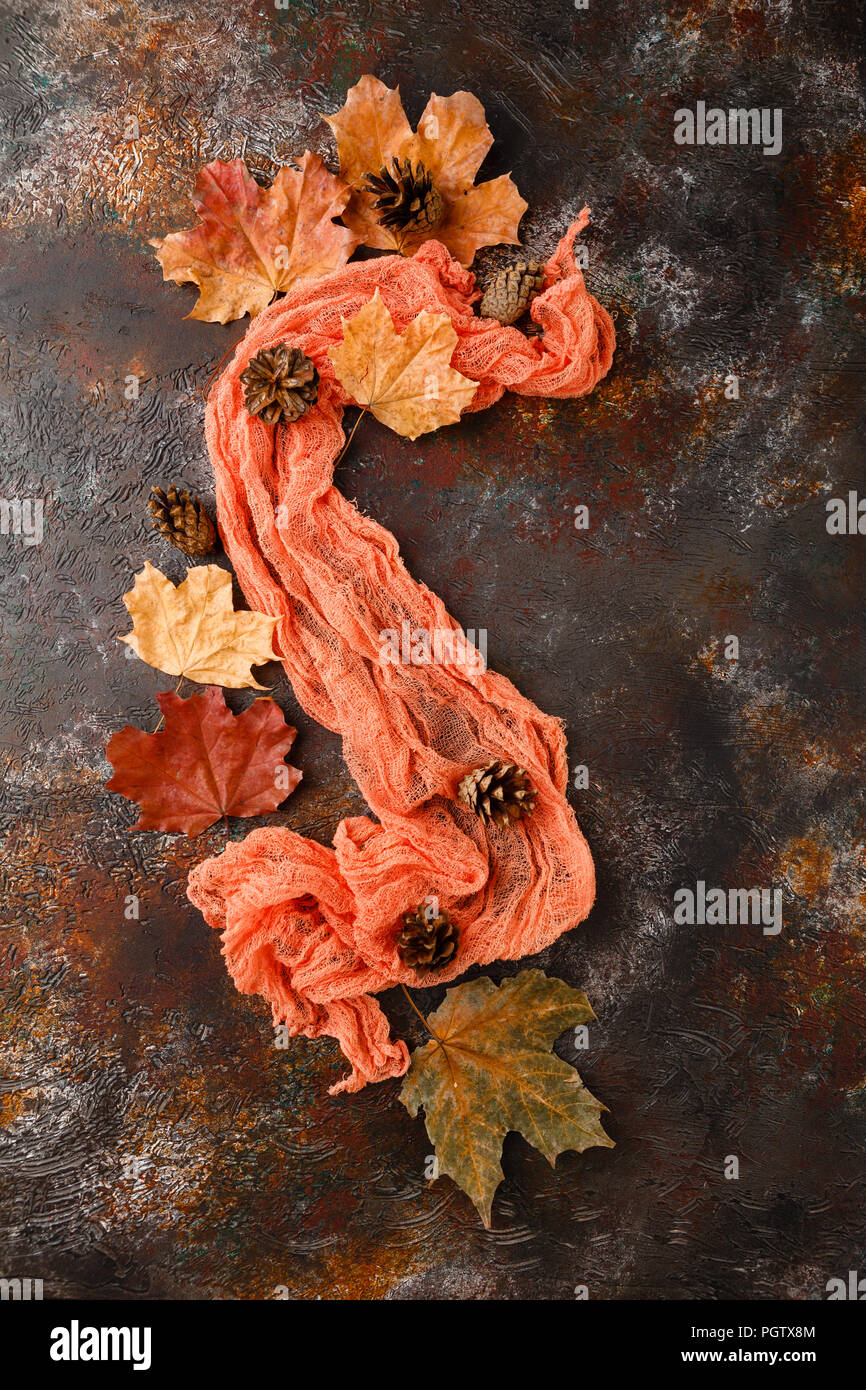 Autumn leaves and pine cones on dark background. Flat lay, top view ...