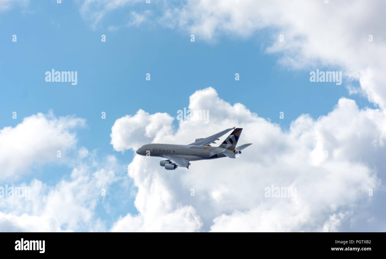Etihad Airways Airbus A380-861 taking off from Heathrow Airport, Greater London, England, United Kingdom Stock Photo