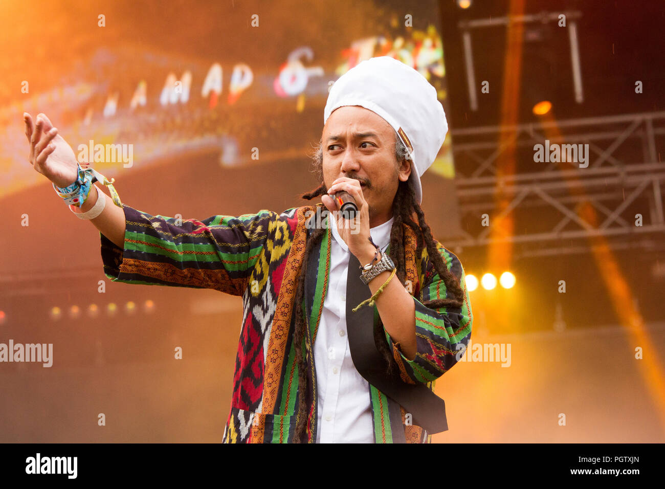 Bratislava, Slovakia. 24th August, 2018. Indonesian reggae singer Ras Muhamad performs at Uprising Music Festival. Stock Photo