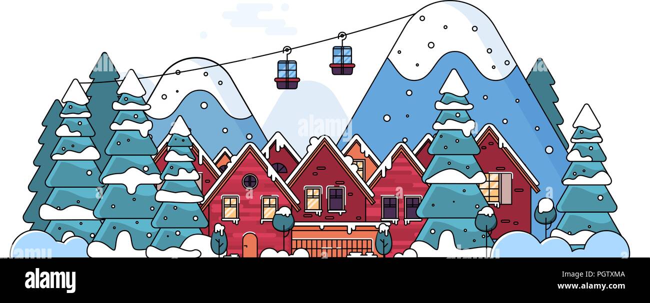 Winter Holidays In The Mountains Concept Banner Cartoon Snow Home