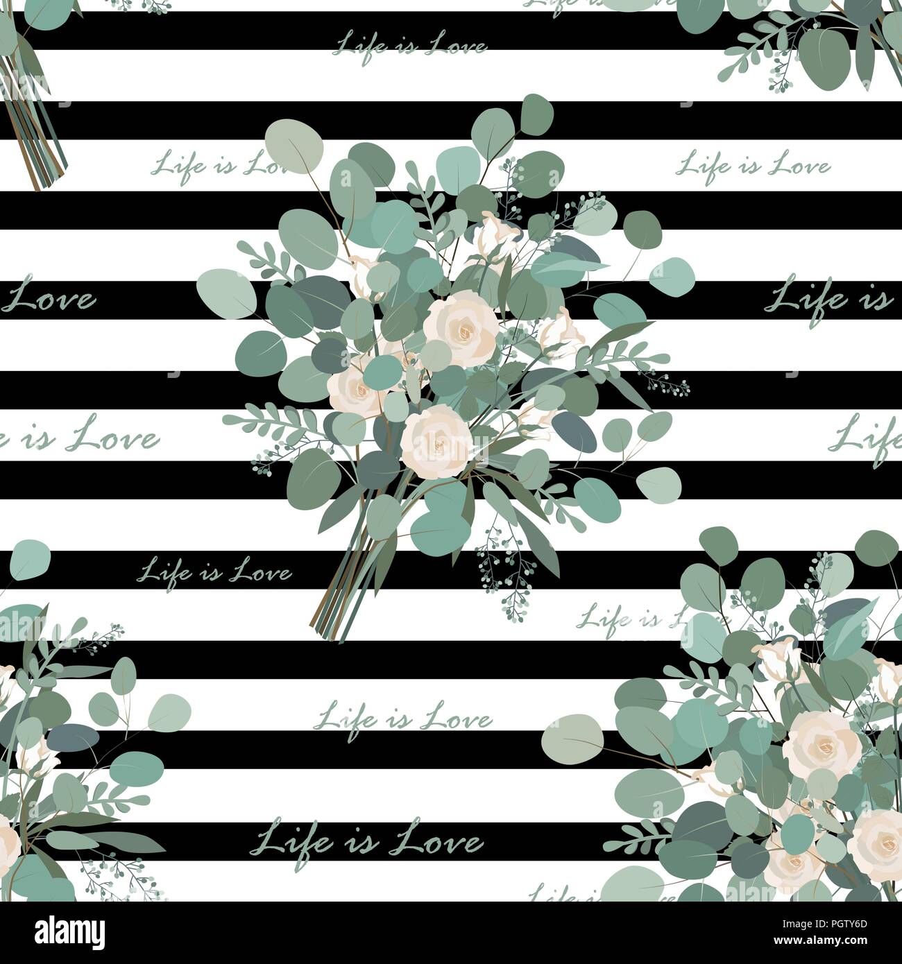 Stylish Flower Bouquet seamless pattern. Eucalyptus bunches and Life is Love text on striped background. Vector llustration. Design for wallpapers or  Stock Vector