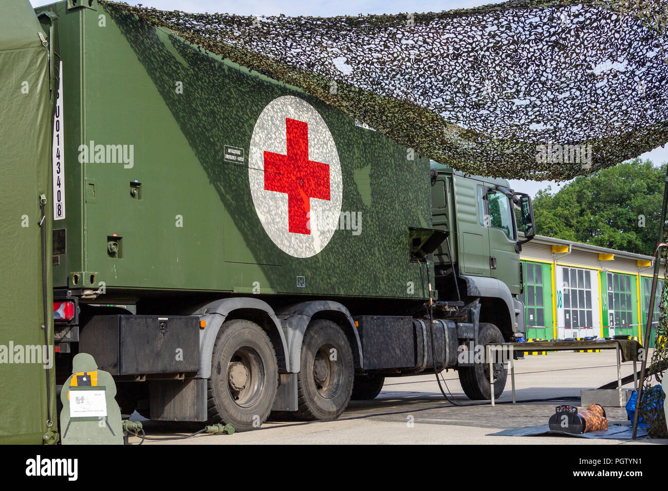 MUNSTER / GERMANY - JUNE 16, 2018: german military field hospital stands on a plate during open day in a barrack Stock Photo