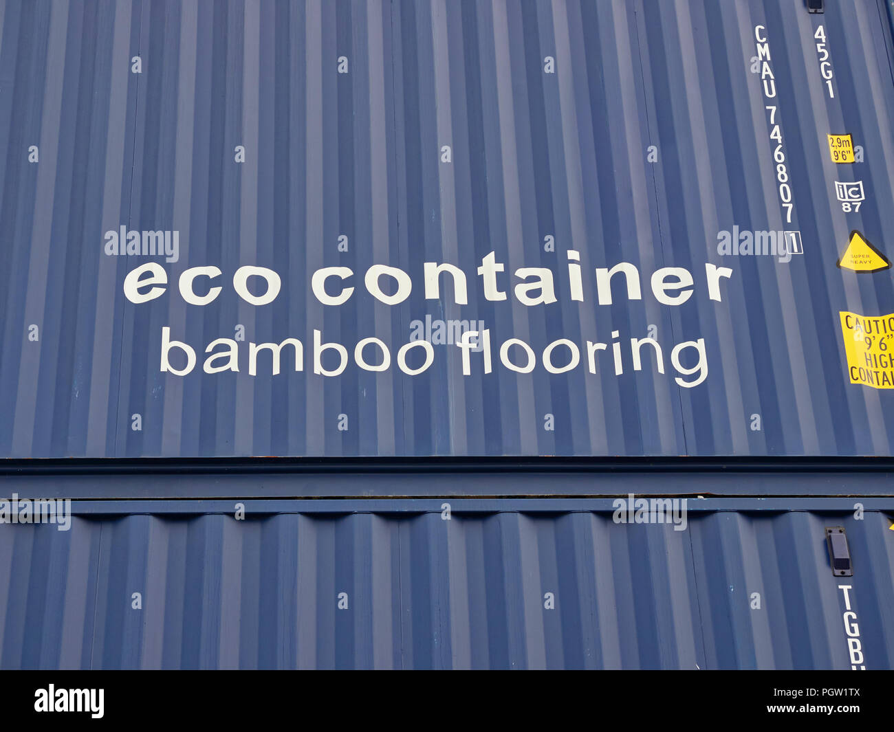Details of an Eco Shipping Container with Bamboo Flooring, stacked up at Den Haag Container Port in Amsterdam, Holland. Stock Photo