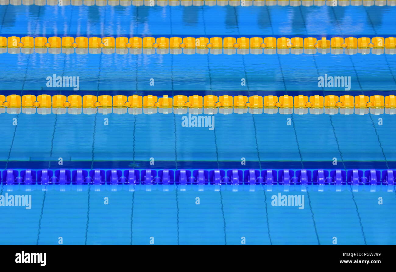 The view of an empty swimming pool indoors. Lanes of a competition ...