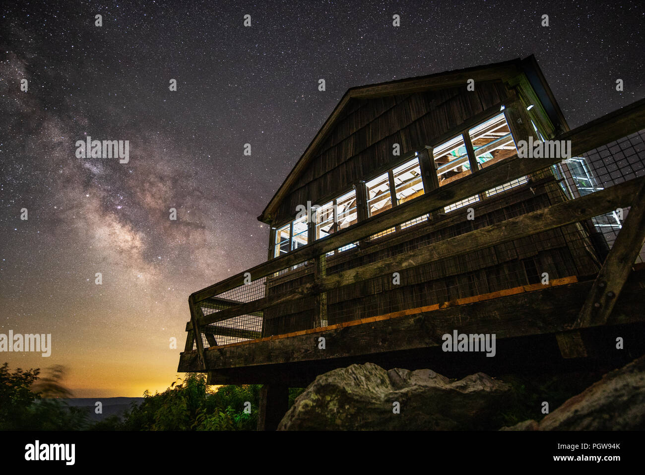 High above the low levels of light pollution in the mountains of southern West Virginia, the Milky Way can be seen bright and clearly on summer nights Stock Photo