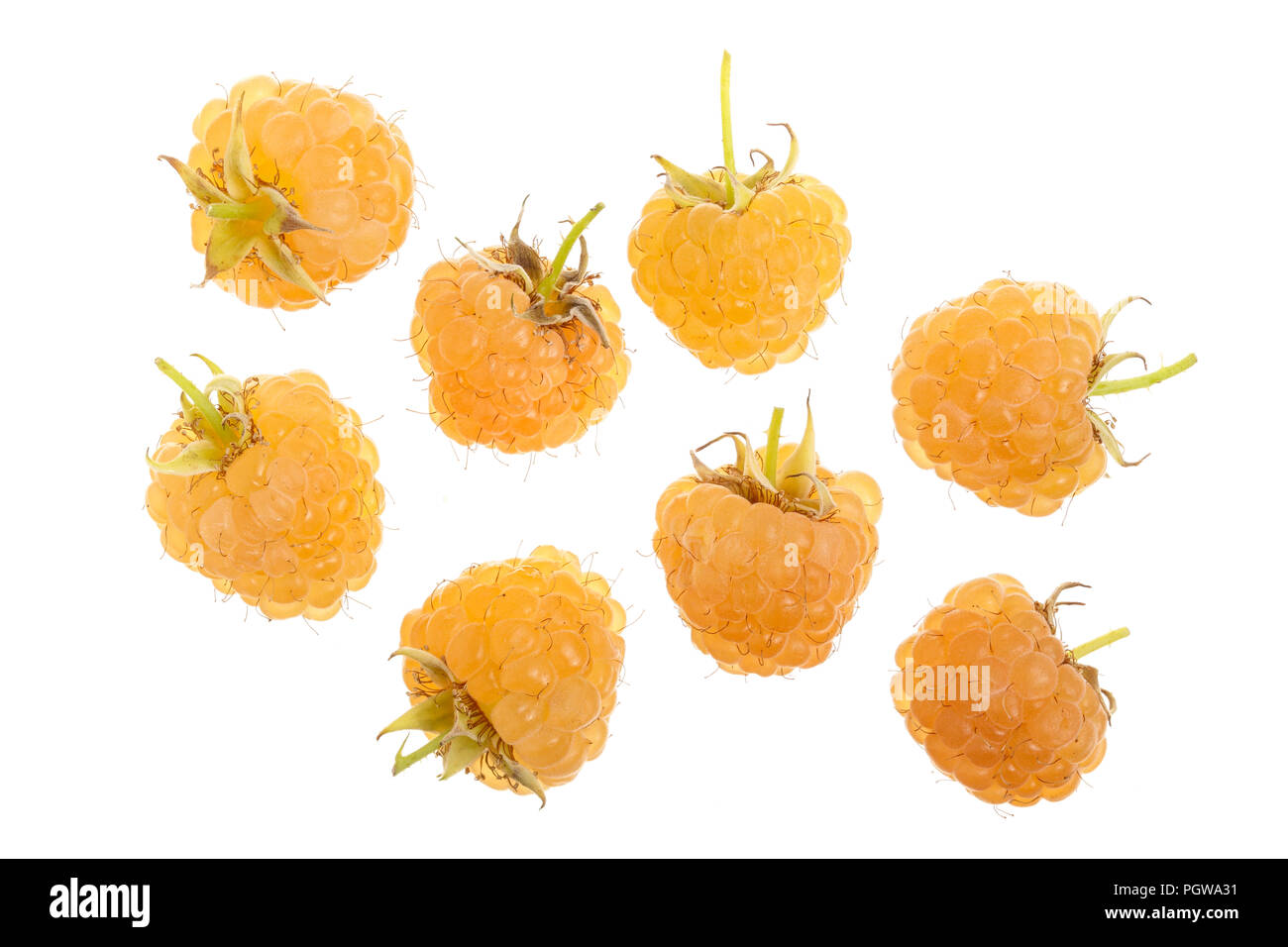 Yellow raspberries isolated on white background. Top view. Flat lay pattern Stock Photo
